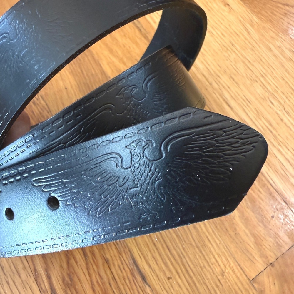 PM Black Top Grain Leather Eagle Embossed Belt Made in USA Size 30-32 S